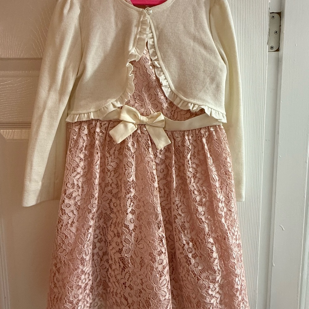 Bonnie Jean Cream Cardigan with Pink Lace Dress